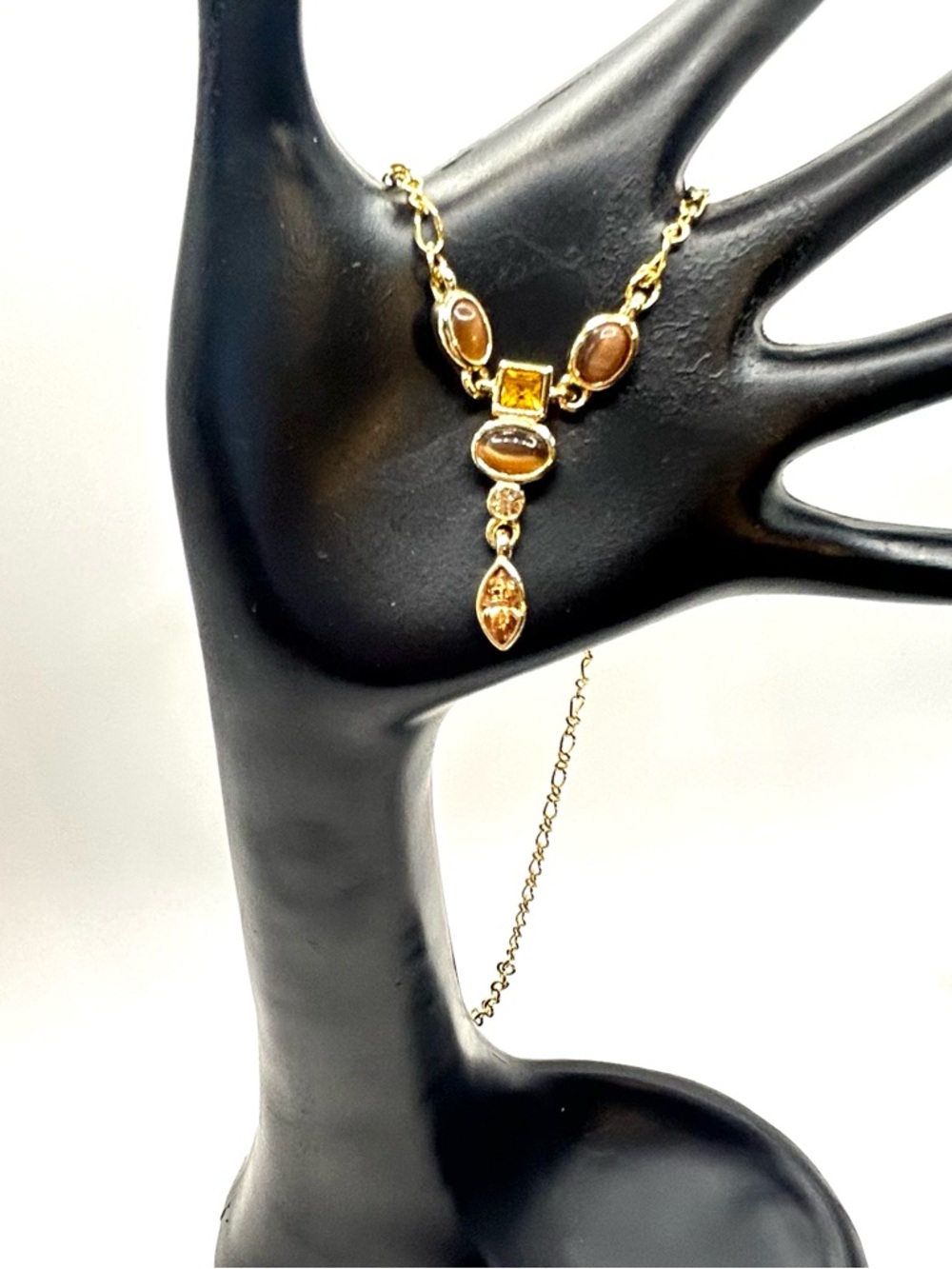 Gold-Tone Tiger Eye Pendant Necklace with Citrine Colored Accents